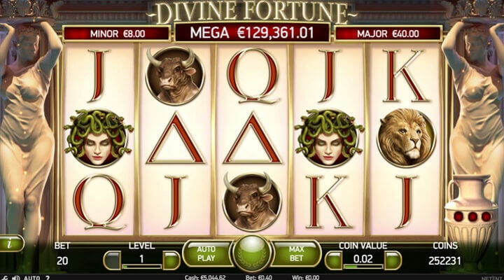 Tela principal mostrando s&iacute;mbolos do jogo de slot Divine Fortune